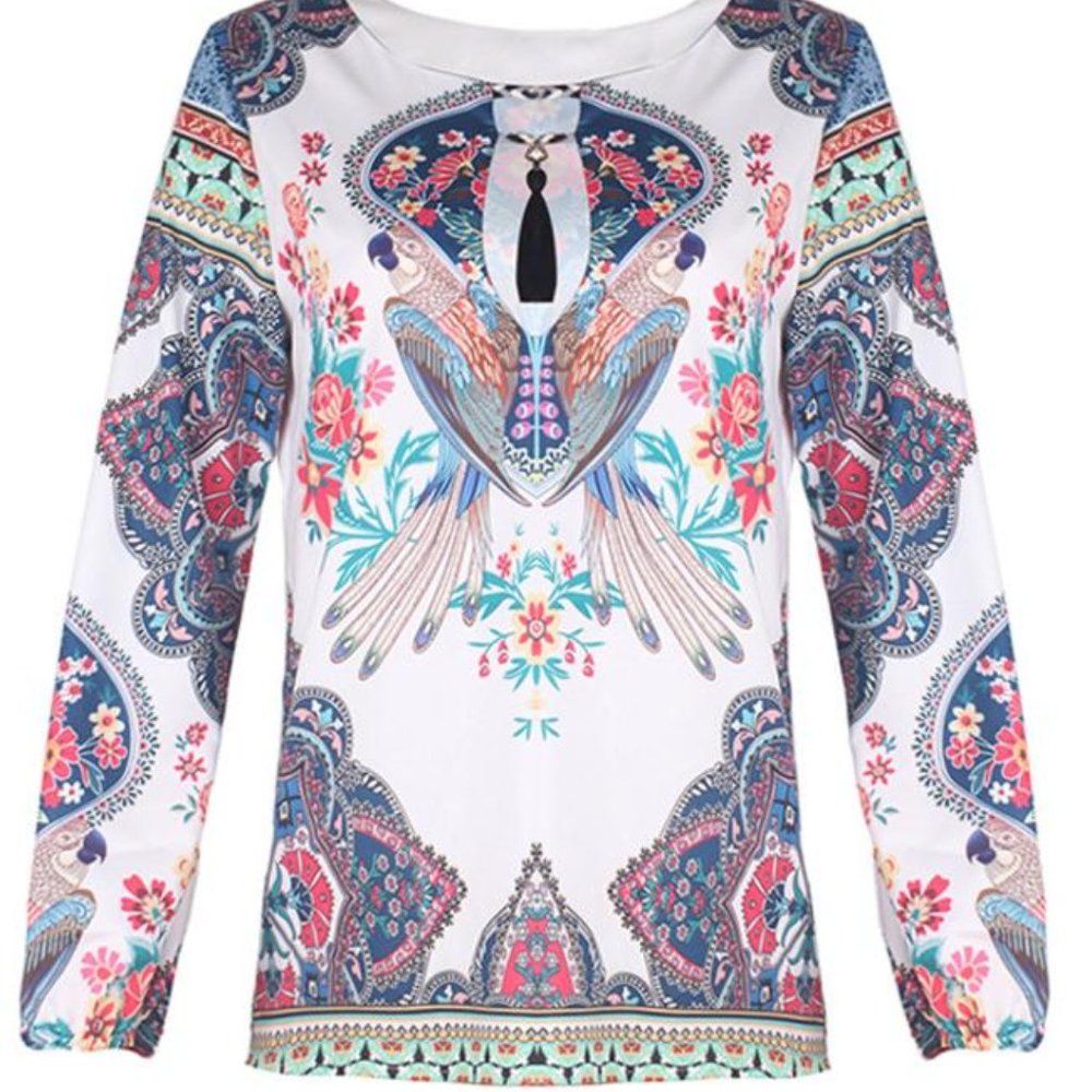 Print Round Neck Lantern Sleeve Shirt with Tassel Detail Neckline